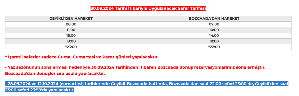 Gestaş 30 Eylül 2024 Sefer Tarifesi